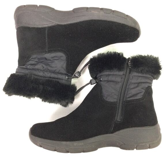 Lands End Suede Faux Fur Trim Quilted Accent Round Toe Black Ankle Bootie 7B - Picture 8 of 13